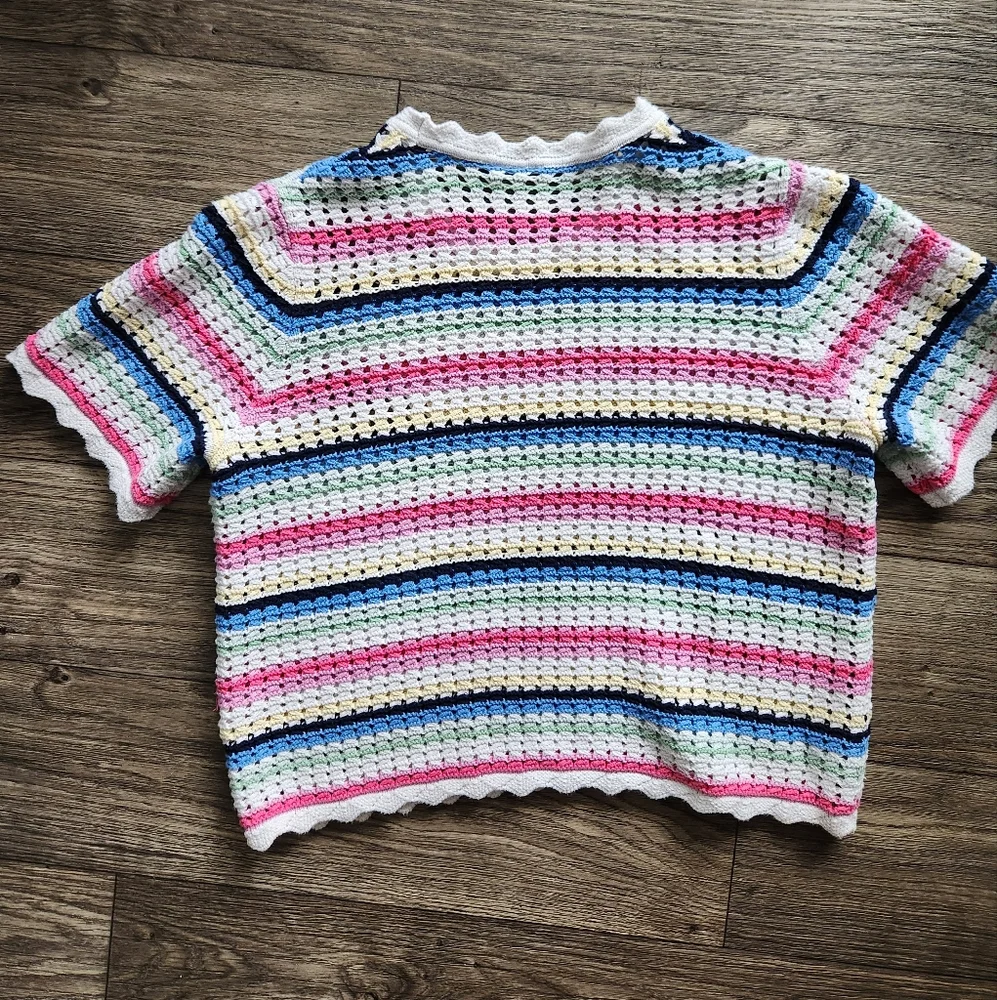GAP Multicolor Striped Crochet Knit Short Sleeved Sweater Top Size XL